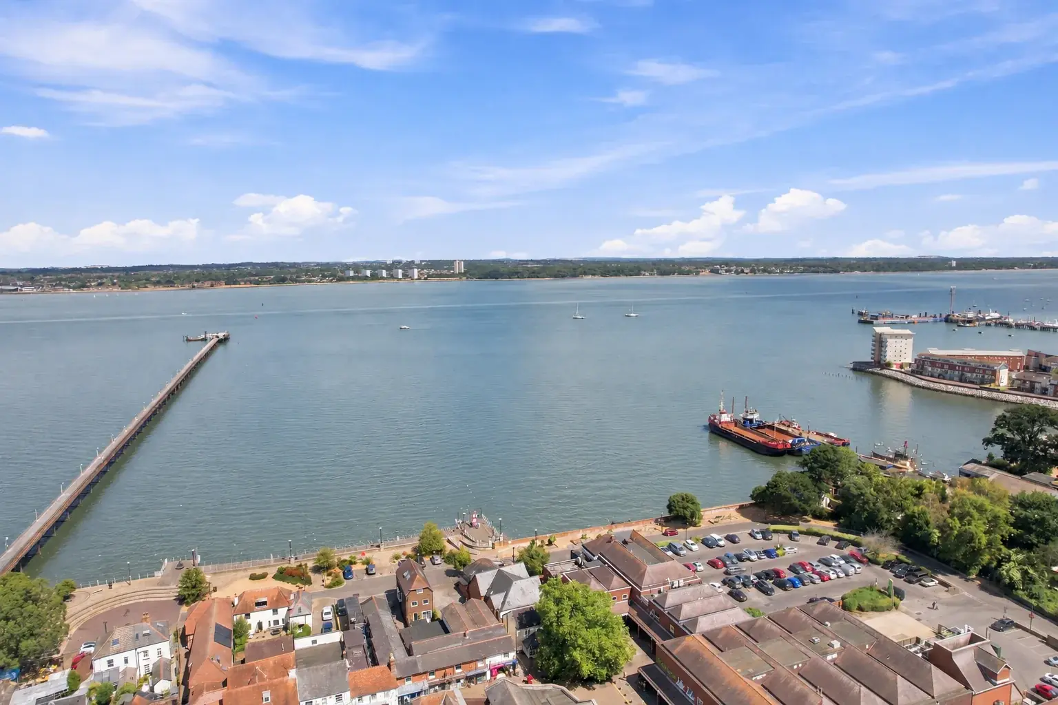Aerial view of Hythe waterfront and Southampton Water